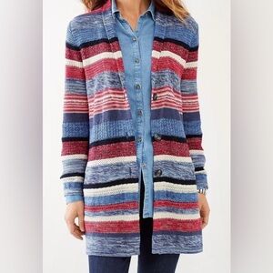 J.Jill Cardigan Sweater Size L Petite Red Blue Striped Long 3 Button Pockets